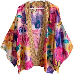 Powder Kimono Jacket Floral Frenzy Modal Boho Hippie Art to Wear